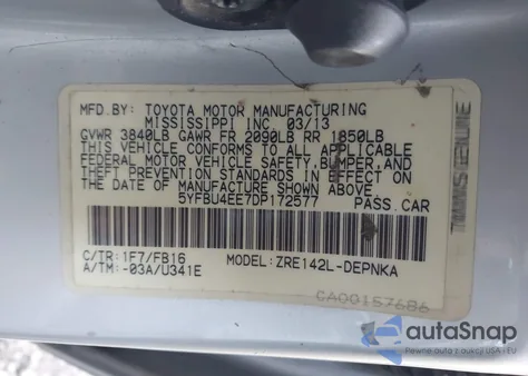 2013 Toyota Corolla Le from USA, damaged, VIN 5YFBU4EE7DP172577